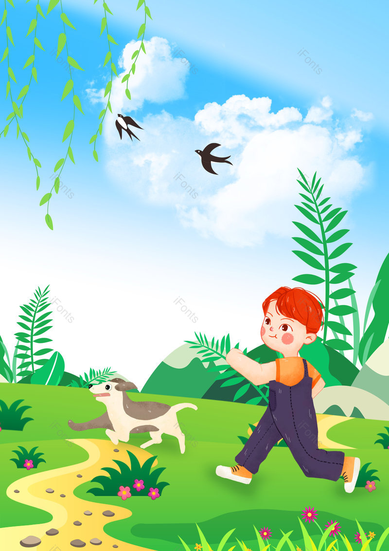 卡通手绘春分春天游玩的男孩海报背景,插画/手绘图,插画/手绘图库,插画/手绘图下载,插画/手绘